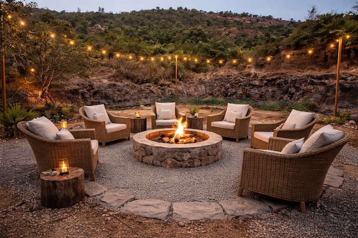 The Hidden Eden · Private Mountain & Lake Retreat · Thatched Villa · Aundholi Pune - 4