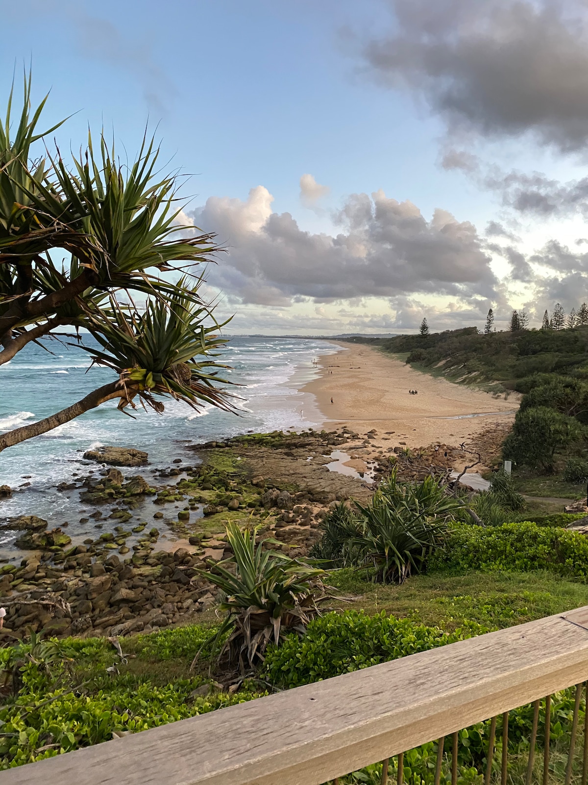 A scenic view captures a sandy beach stretching along the coastline, with gentle waves breaking against rocks. Lush greenery lines the shore, while dark clouds hover above, hinting at a change in weather. The foreground features tropical plants framing the image.