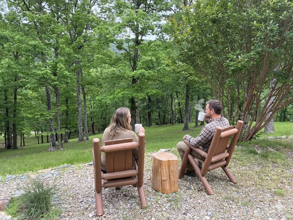 Guests enjoying coffee in the forest at Stargazing Cabin