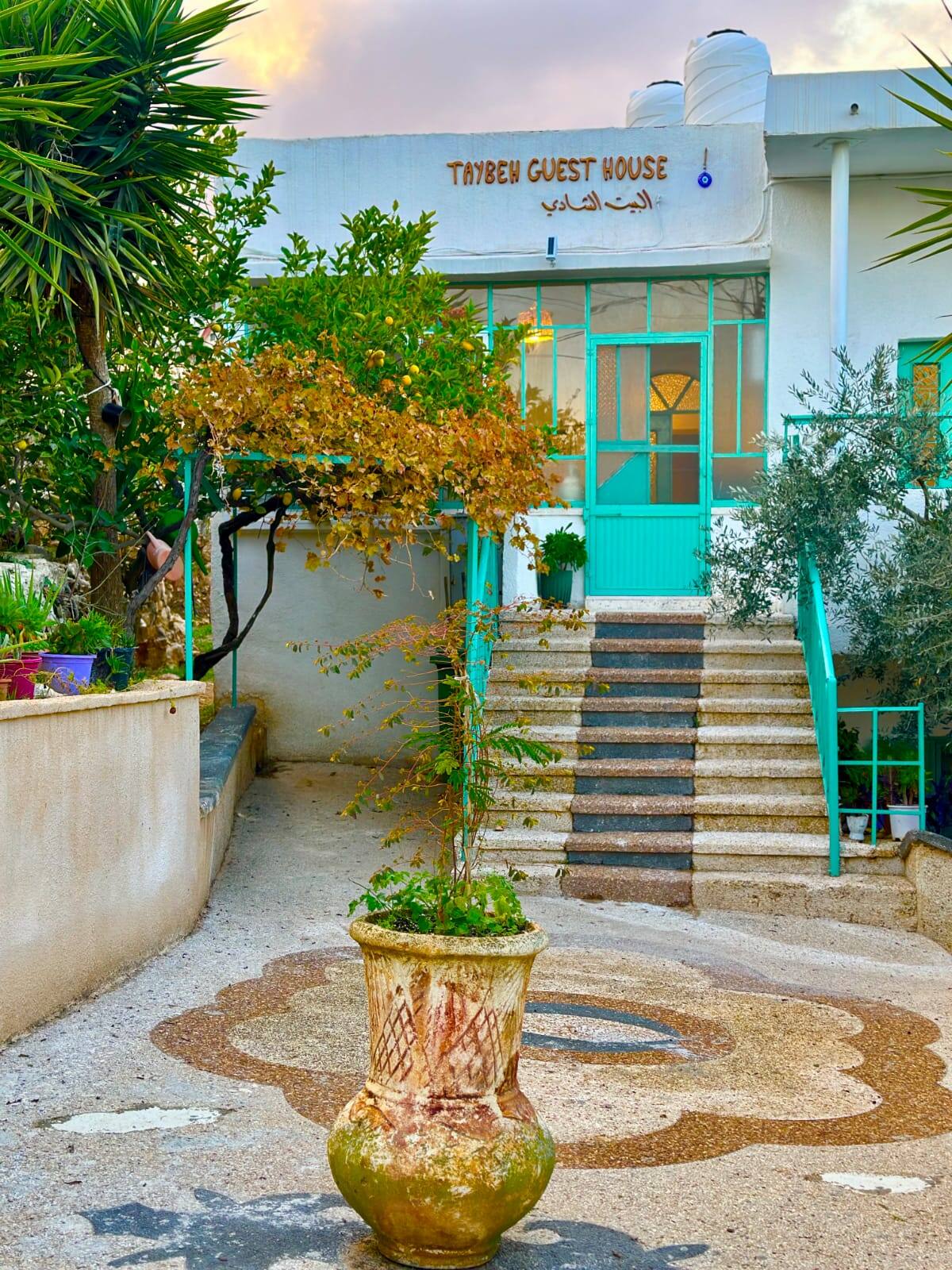 White facade of the guest house with its painted name sign, teal windows and garden trees