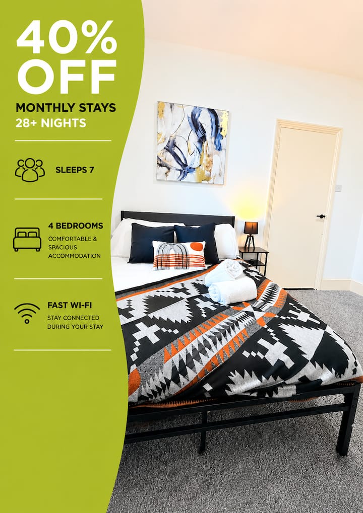 4br House | Sleeps 7 | 40% Monthly Off - Newcastle upon Tyne