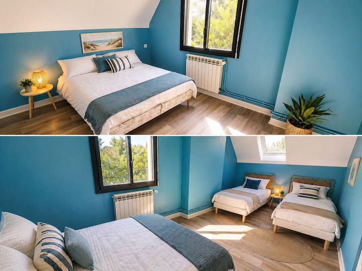 Rivage Océanique: Habitación luminosa en tonos azul laguna, ideal para una familia o para niños.
Espacio optimizado con varias camas y techos altos.
Ambiente fresco y relajante, con una vista despejada de la vegetación.