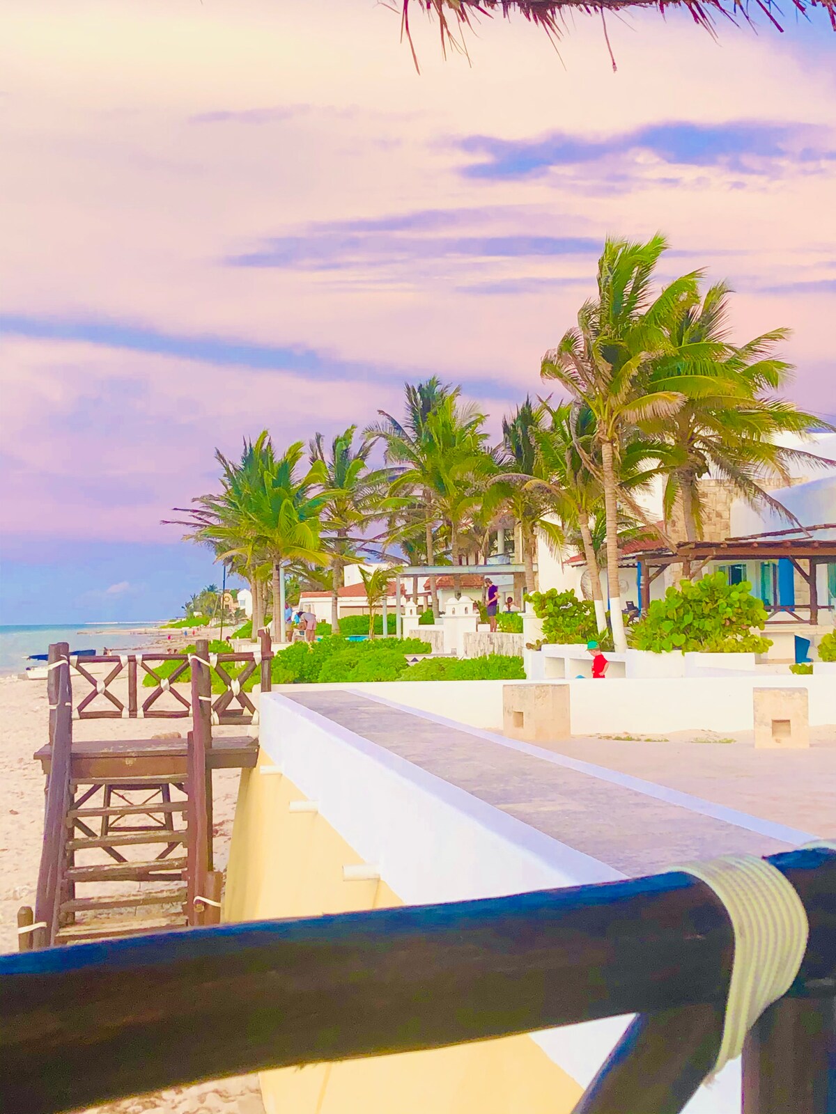 The image captures a beachfront view lined with palm trees and beach houses. A sandy shoreline meets gentle ocean waves under a pastel sky. A wooden walkway leads towards the beach, providing an inviting path for guests to enjoy the serene environment.