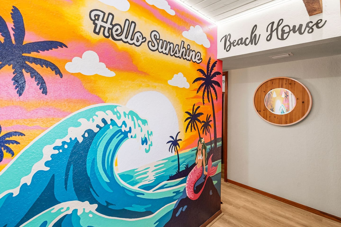 The custom entry mural, first sign this is not your average beach rental.