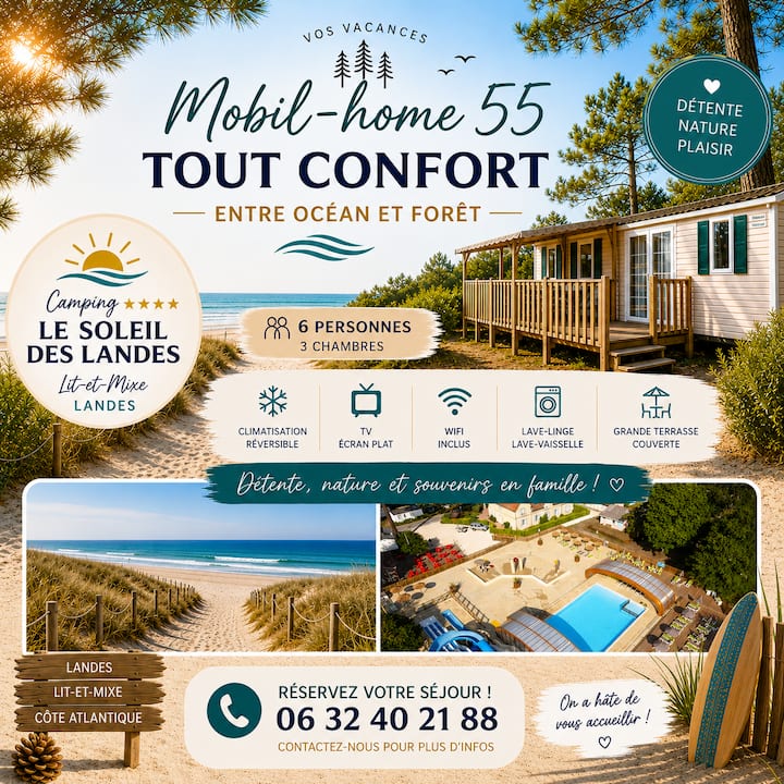 Mobil Home 6 Pers Climatisé - Landes - Camping 4* - Lit-et-Mixe