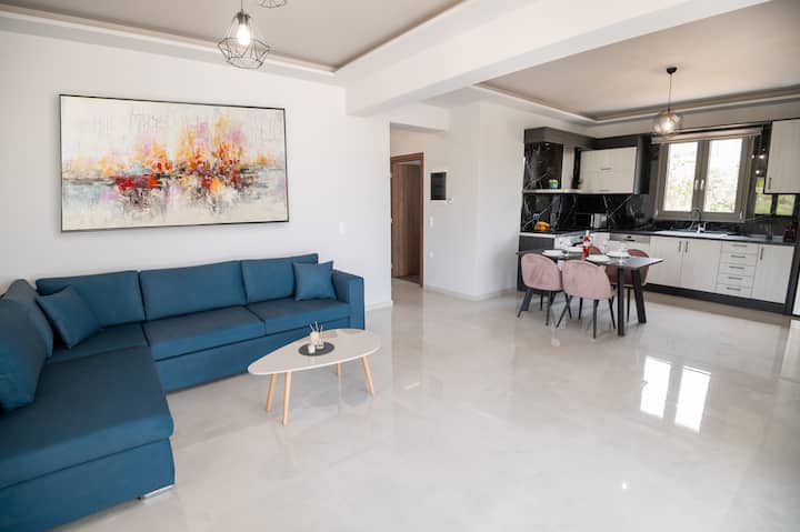 Sala bastante espaciosa, con un televisor de 43 pulgadas, un sofá de dos plazas, una mesa de centro, una ventana con vista y una hermosa decoración.