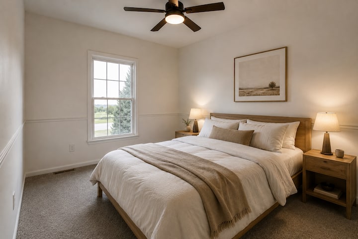 Warm and relaxing bedroom with soft neutral tones, cozy bedding, and calming natural light designed to make every guest feel right at home.