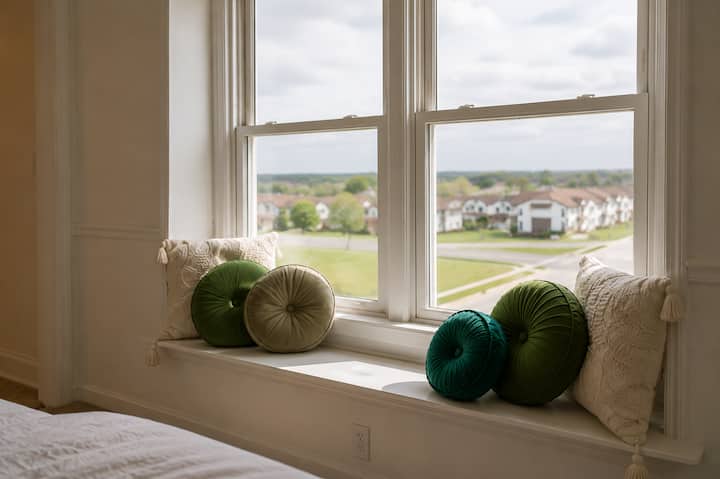 Charming window seating area with beautiful neighborhood views and natural light, creating the perfect cozy corner to unwind and recharge.