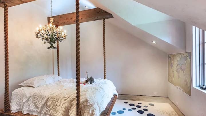 Bedroom 4: Swinging Queen bed we like to call the Princess room with closet and shared full bath (separate tub, shower, and vanity), Saatva organic luxury mattress, 100% cotton luxury linens