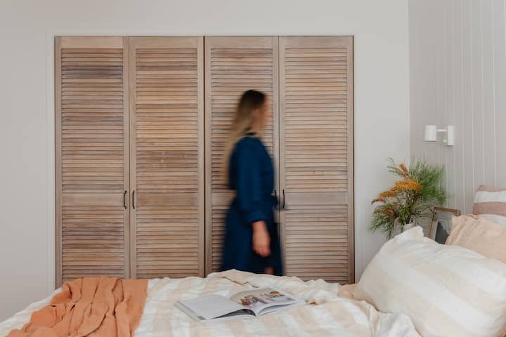 Primary Bedroom with King bed and French flax linen bedding.