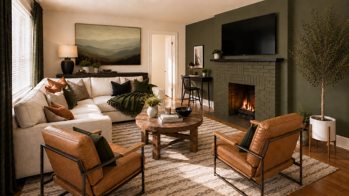 Maple and Main living room with gas fireplace and oversized sectional