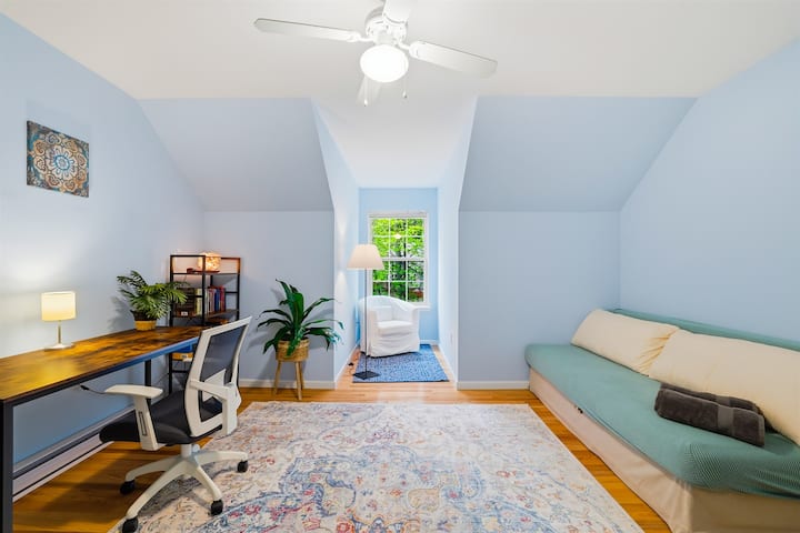 Bedroom with futon, TV and workspace