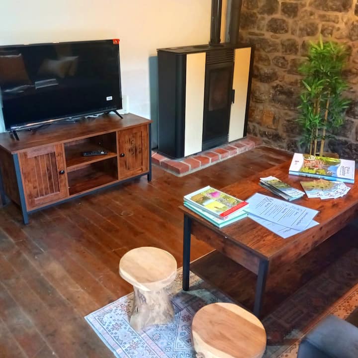 Mesa baja con juegos y guías de la zona: planes caseros para toda la familia.