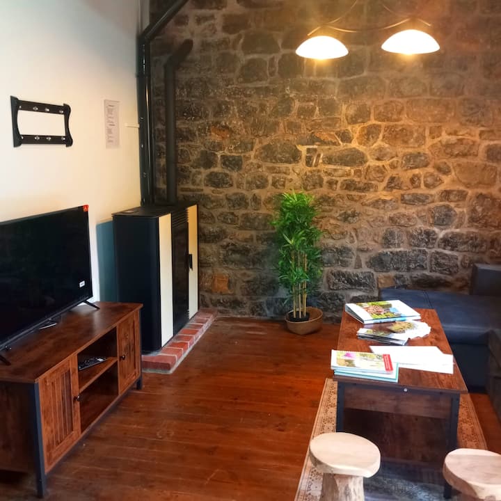 Zona de TV junto a la chimenea: tardes de manta y peli en la montaña.