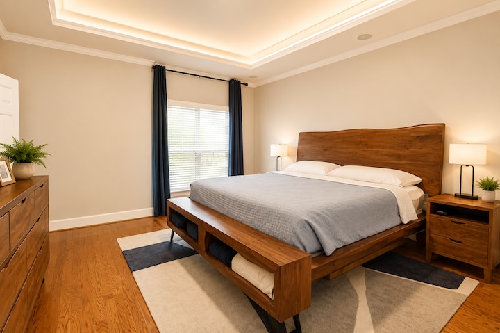 Chambre spacieuse avec salle de bain privée attenante dans un logement de 3 chambres et 2,5 salles de bain. Cette annonce est pour une chambre privée seulement, pas pour la maison entière. La cuisine, le salon et la salle à manger sont partagés avec les voyageurs des deux autres chambres. Idéal pour les voyageurs d'affaires ou les couples