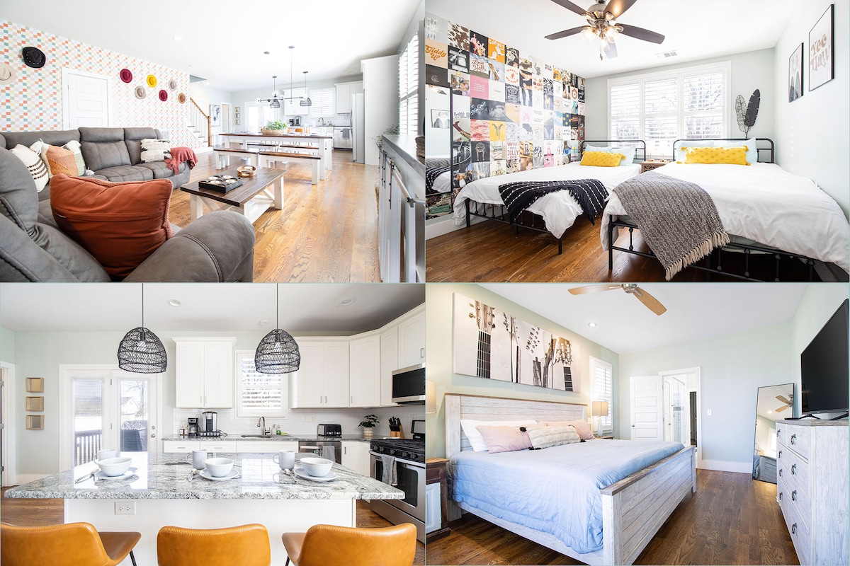 Bright open-plan living room with hardwood floors and Nashville-themed decor
