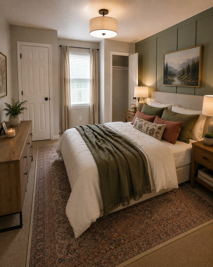 Elegant bedroom featuring warm tones and a relaxing atmosphere.