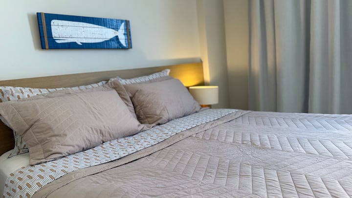 Habitación Jubarte: cama tamaño queen, televisor inteligente de 32 pulgadas, aire acondicionado de ventana, cortina opaca y vestidor.
