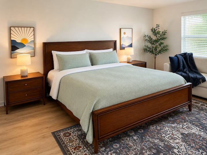 Recámara luminosa y elegante con cama tamaño king, asientos acogedores y una cálida decoración moderna