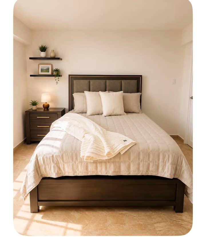 Sleep comfortably on a queen-size bed with a Gel-Infused Memory Foam topper,designed for cooler, more restful sleep. Enjoy hotel style pillows, fresh premium linens, a cozy quilt,and decorative cushions in a clean, relaxing space perfect for 2 guests