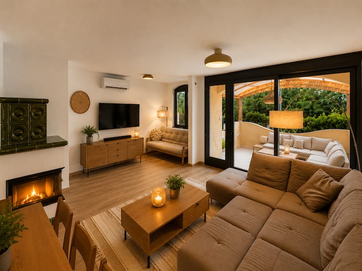 Sala de estar espaçosa, lounge, sala de jantar e cozinha em um espaço aberto