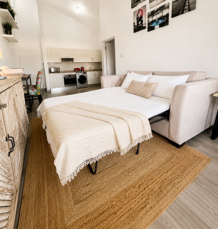 Estúdio iluminado com sofá-cama, tetos altos e cozinha compacta moderna