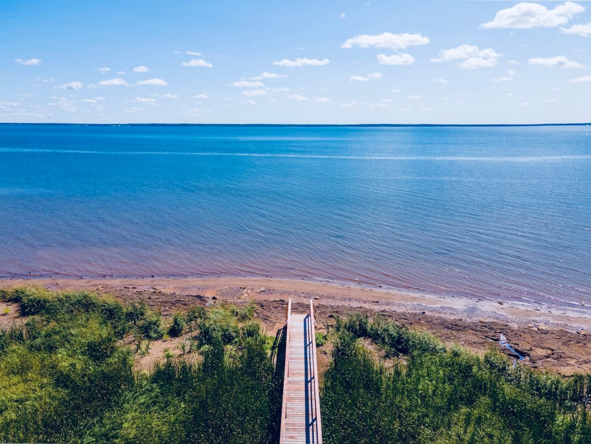 Aerial view of the boardwalk and beach