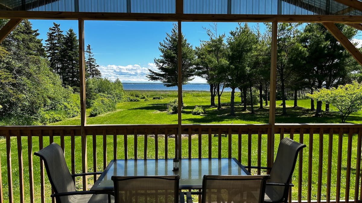 Deck view over the field to the water