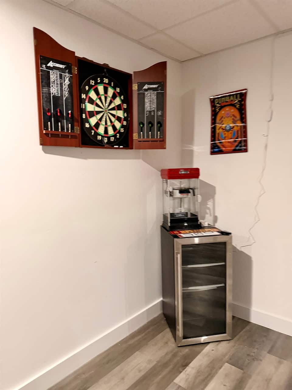 Darts, popcorn and beverage fridge
