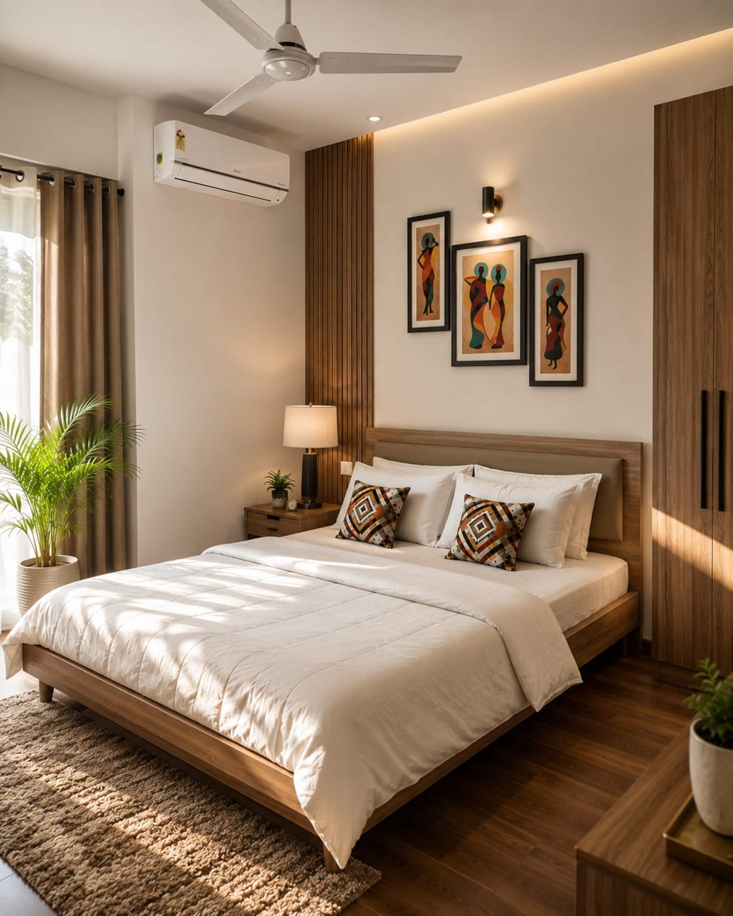 Bedside table with lamp and plant