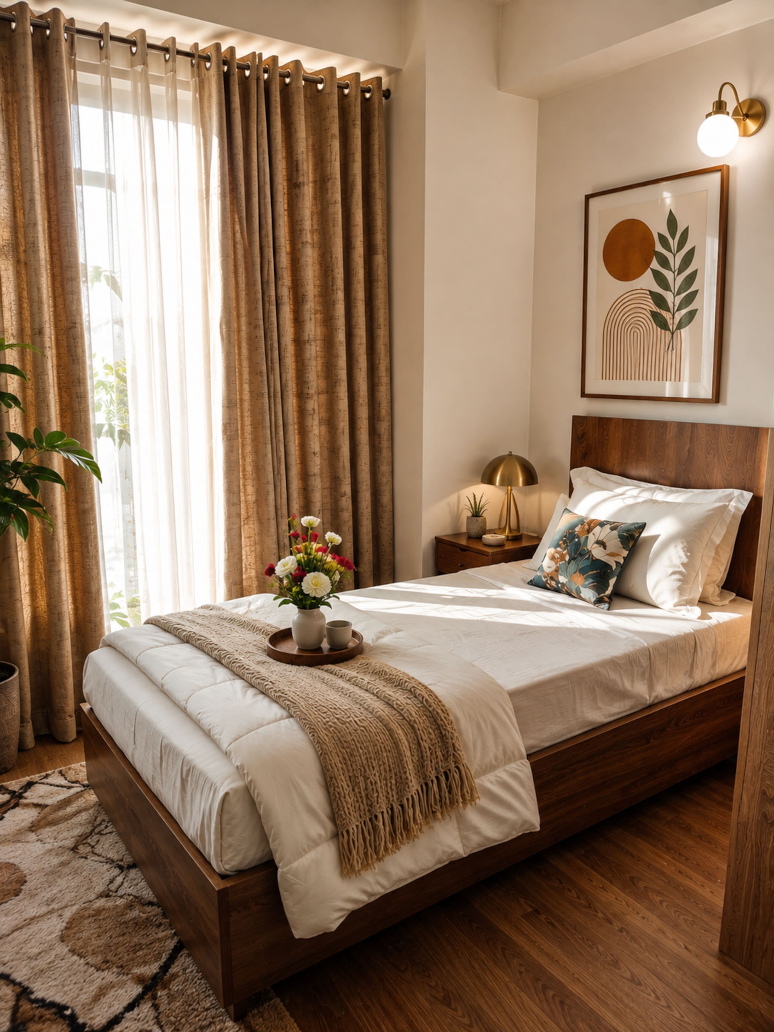 Single bed dressed with fresh flowers