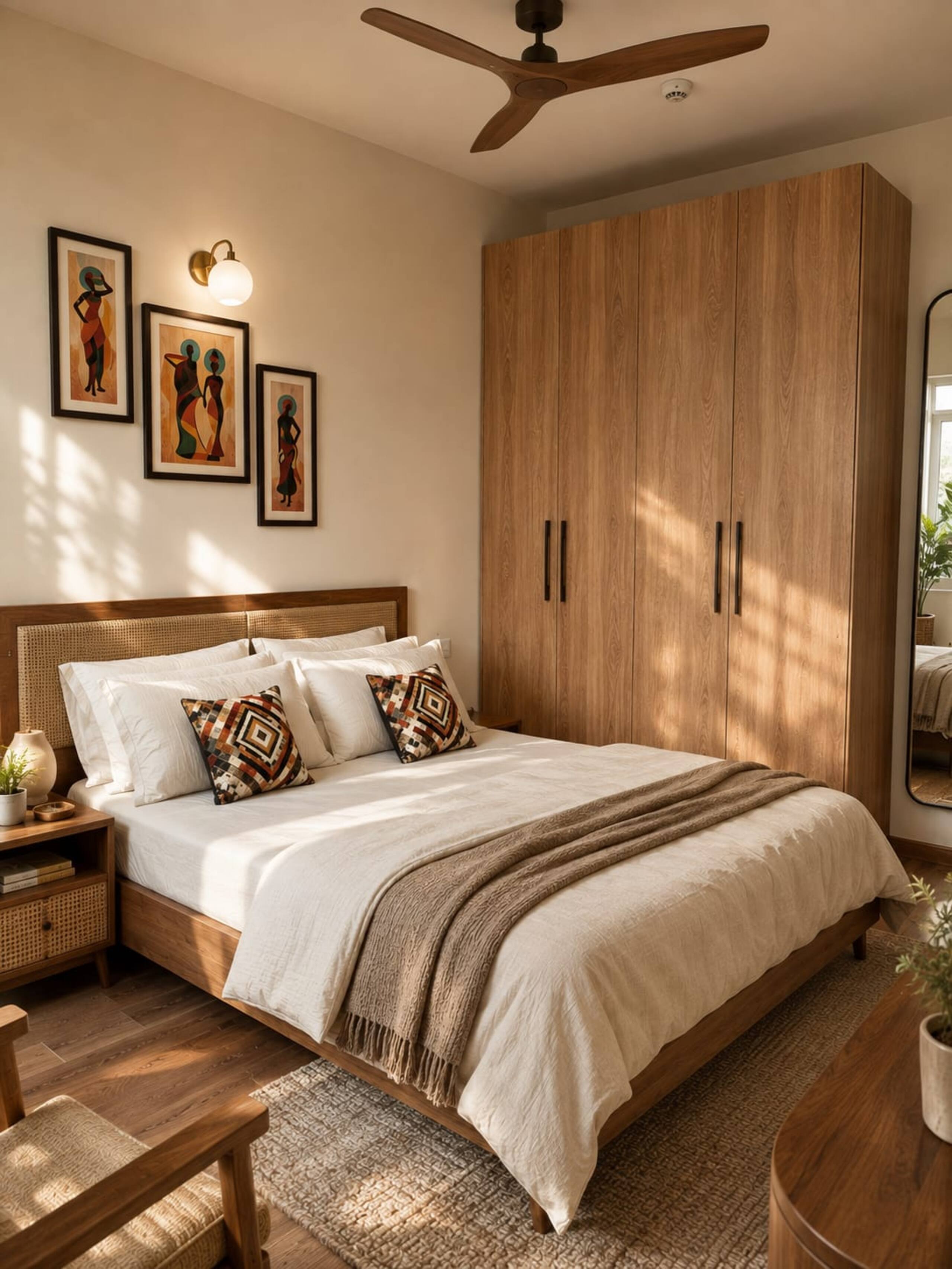 King bed with a knitted throw beside the wardrobe