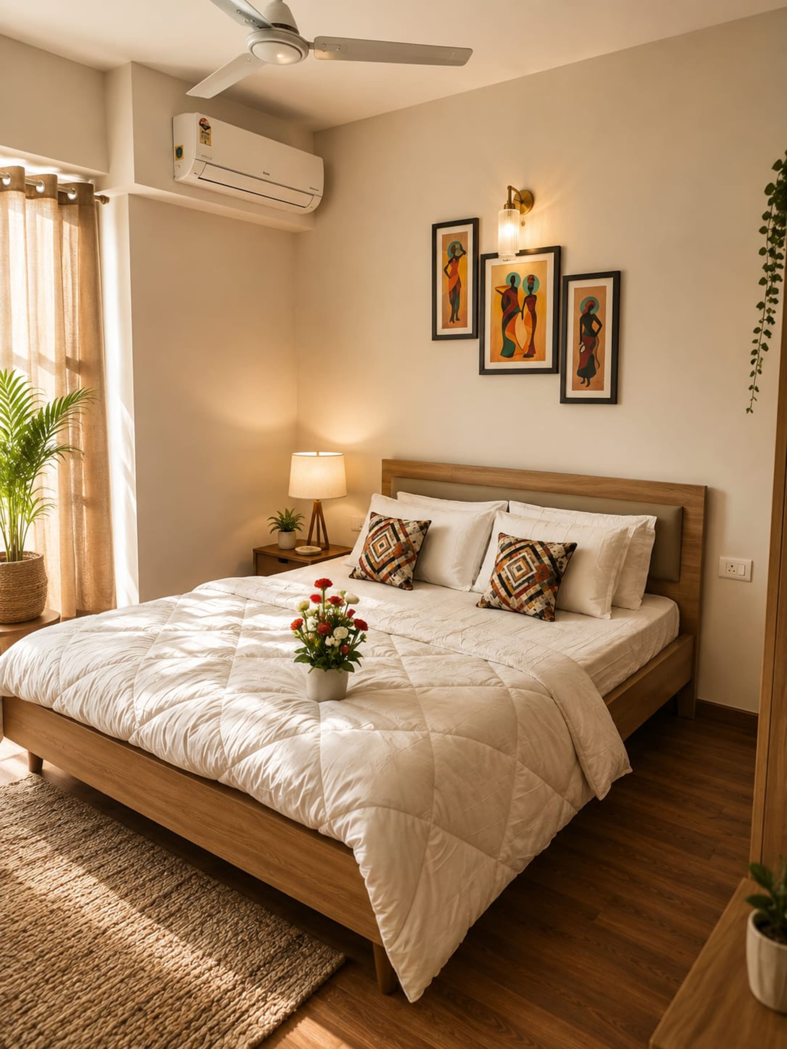 King bed made up with crisp white linen