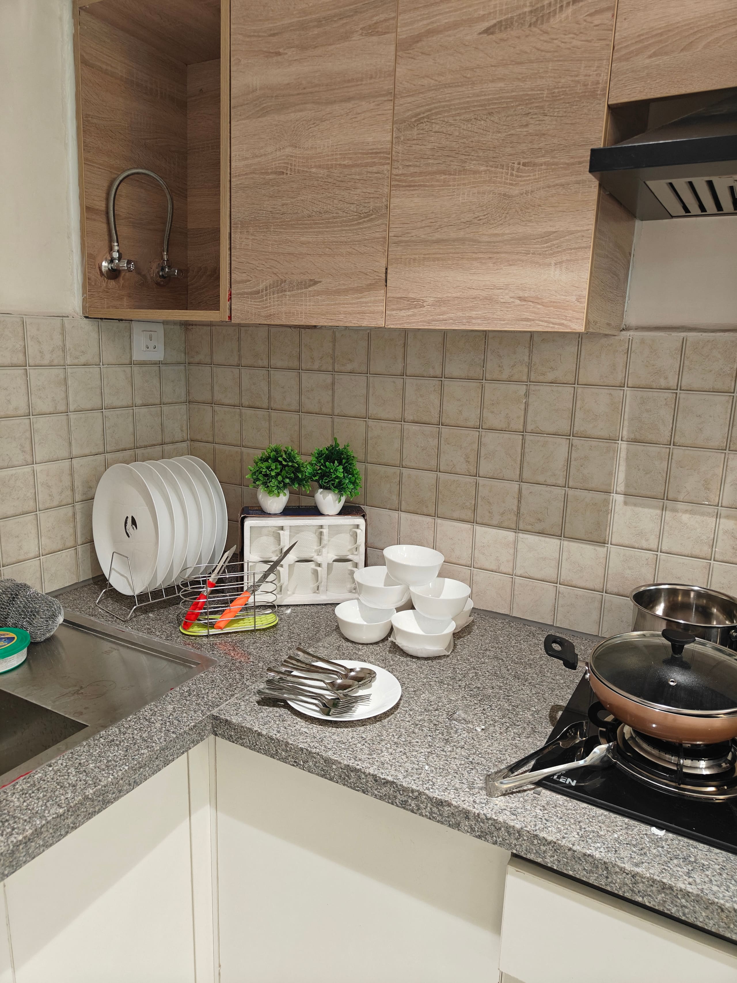 Dish rack with plates, bowls and cutlery