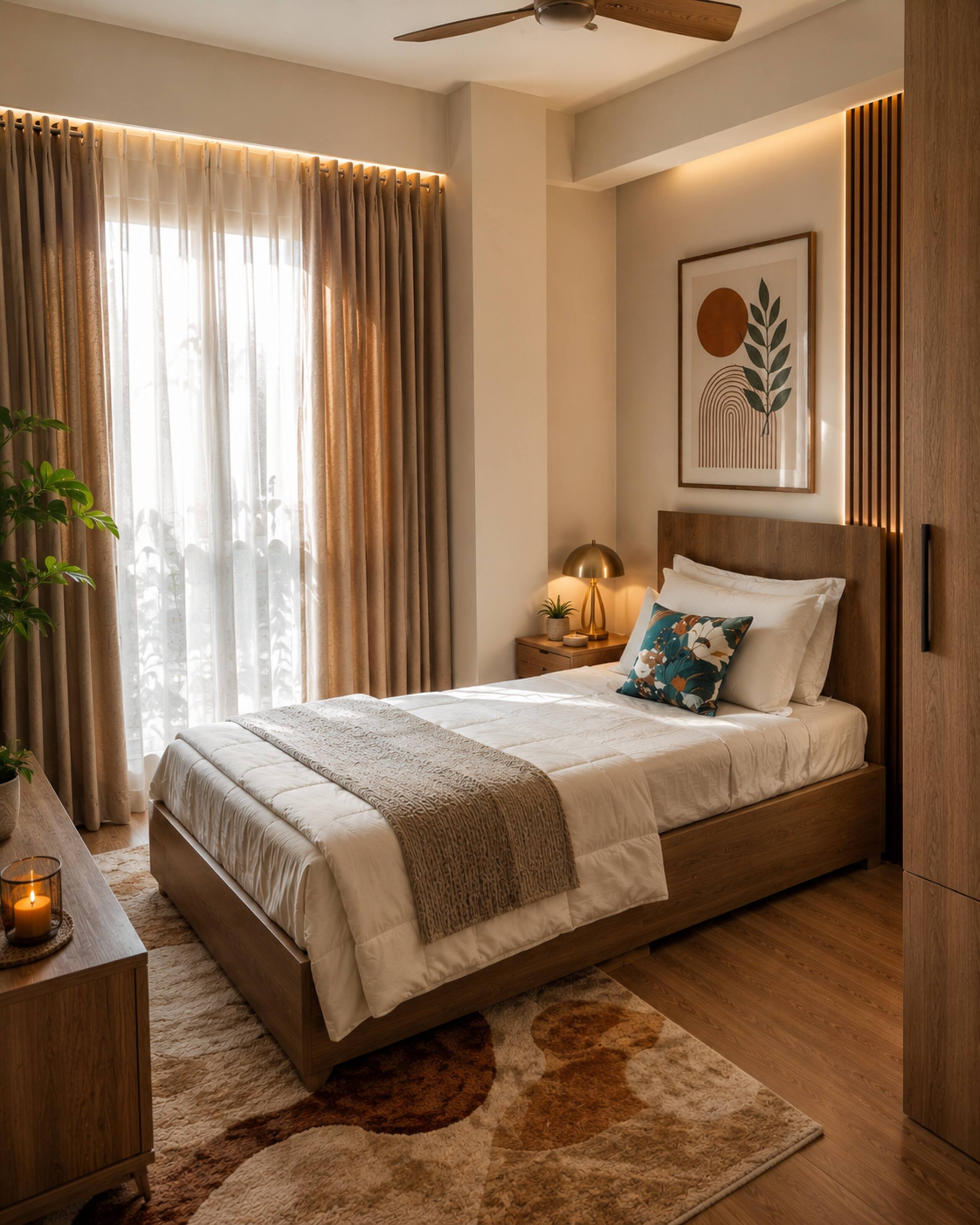 Second bedroom with candle and framed art