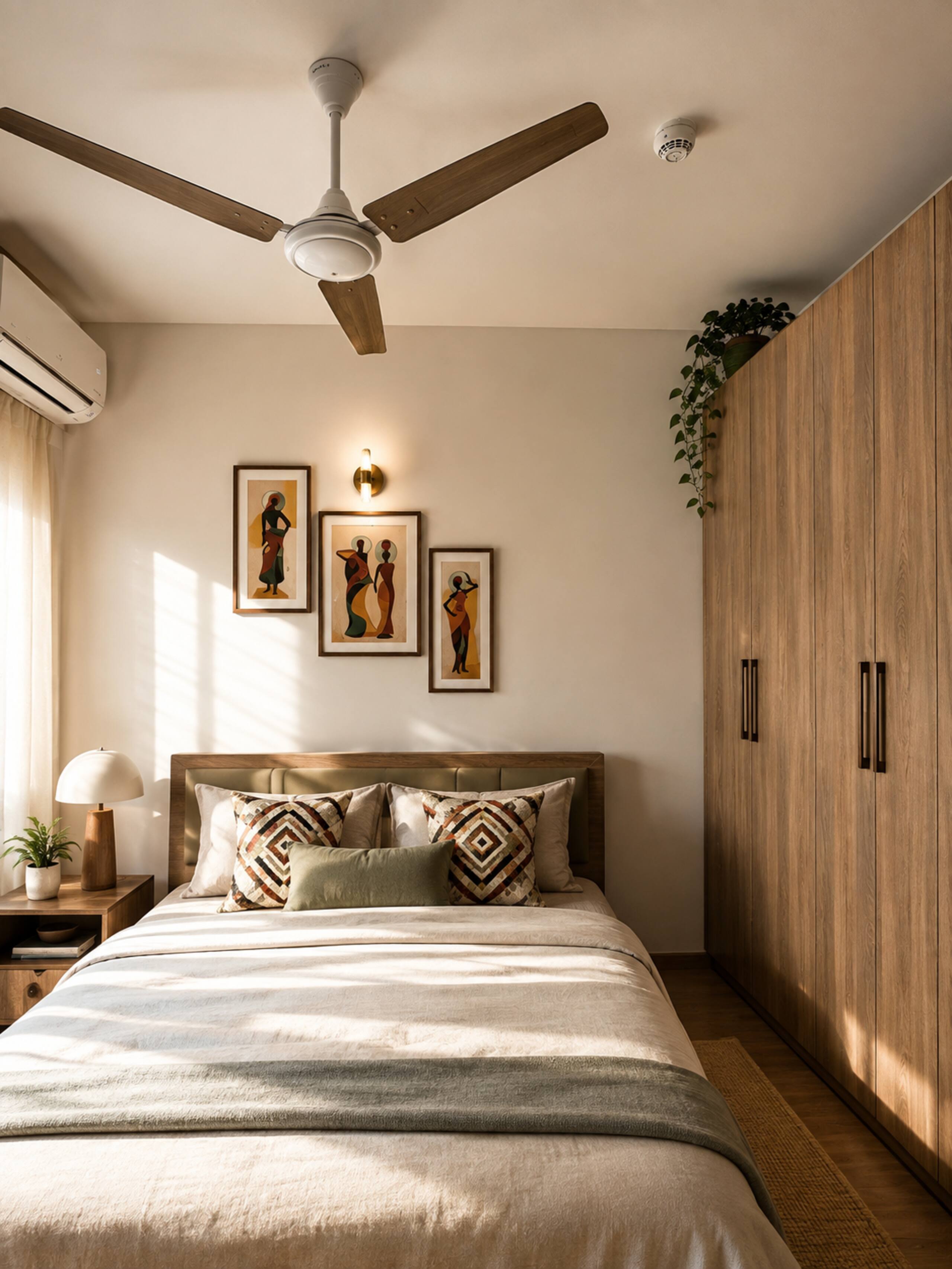 Upholstered headboard, framed art and wardrobe in the main bedroom
