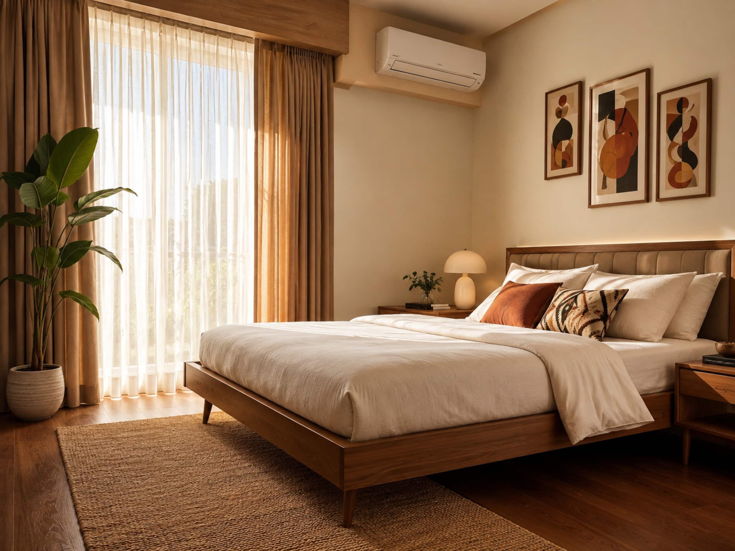 Main bedroom with sheer curtains and soft daylight