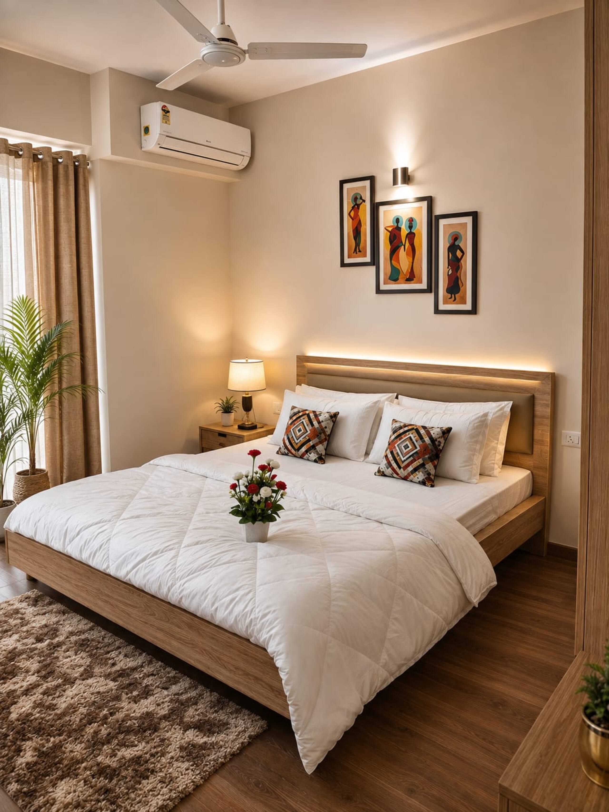 Backlit headboard and warm bedside lamps