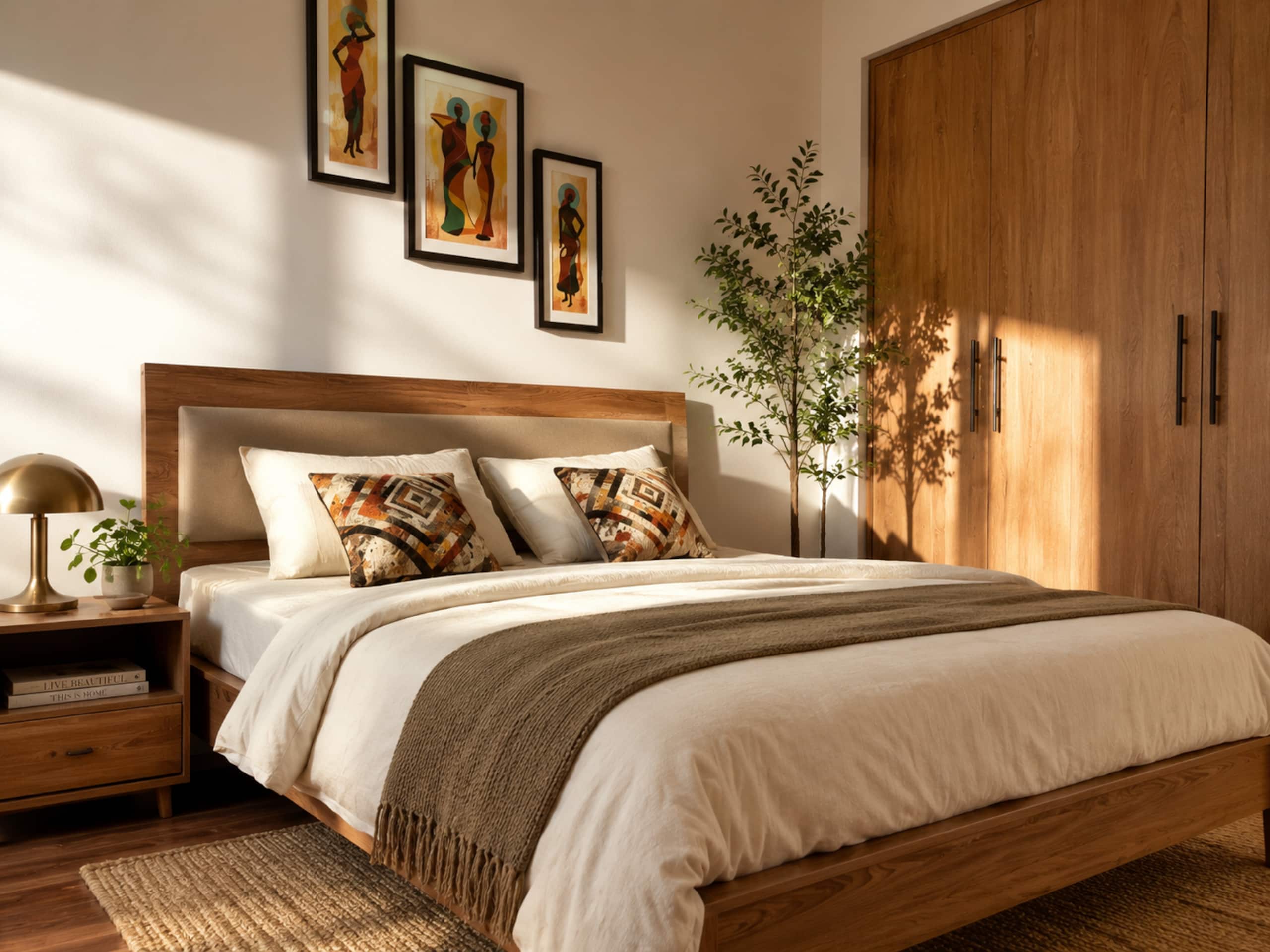 Main bedroom with king bed, patterned cushions, framed art and wooden wardrobe