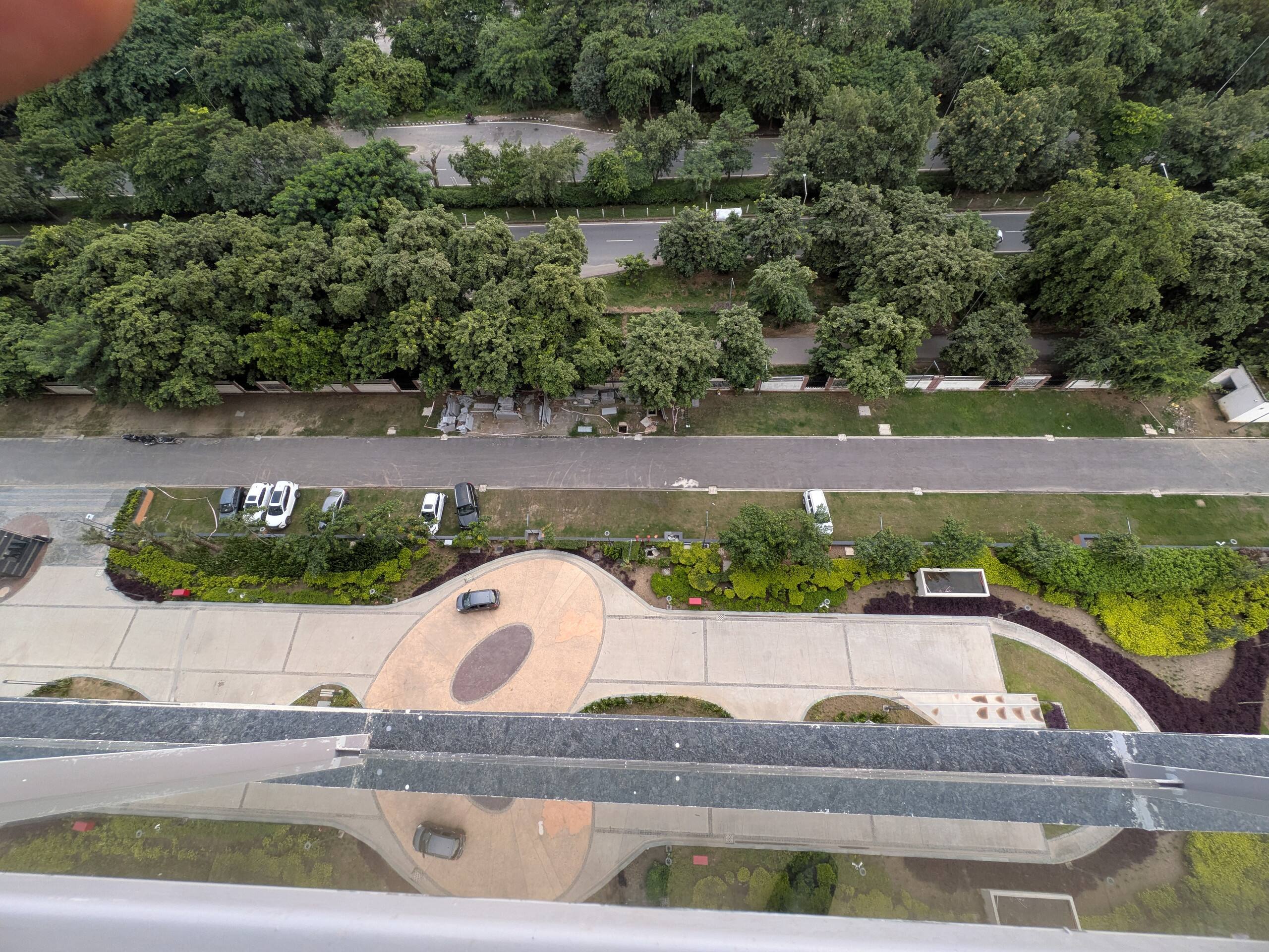 Looking down at the landscaped grounds
