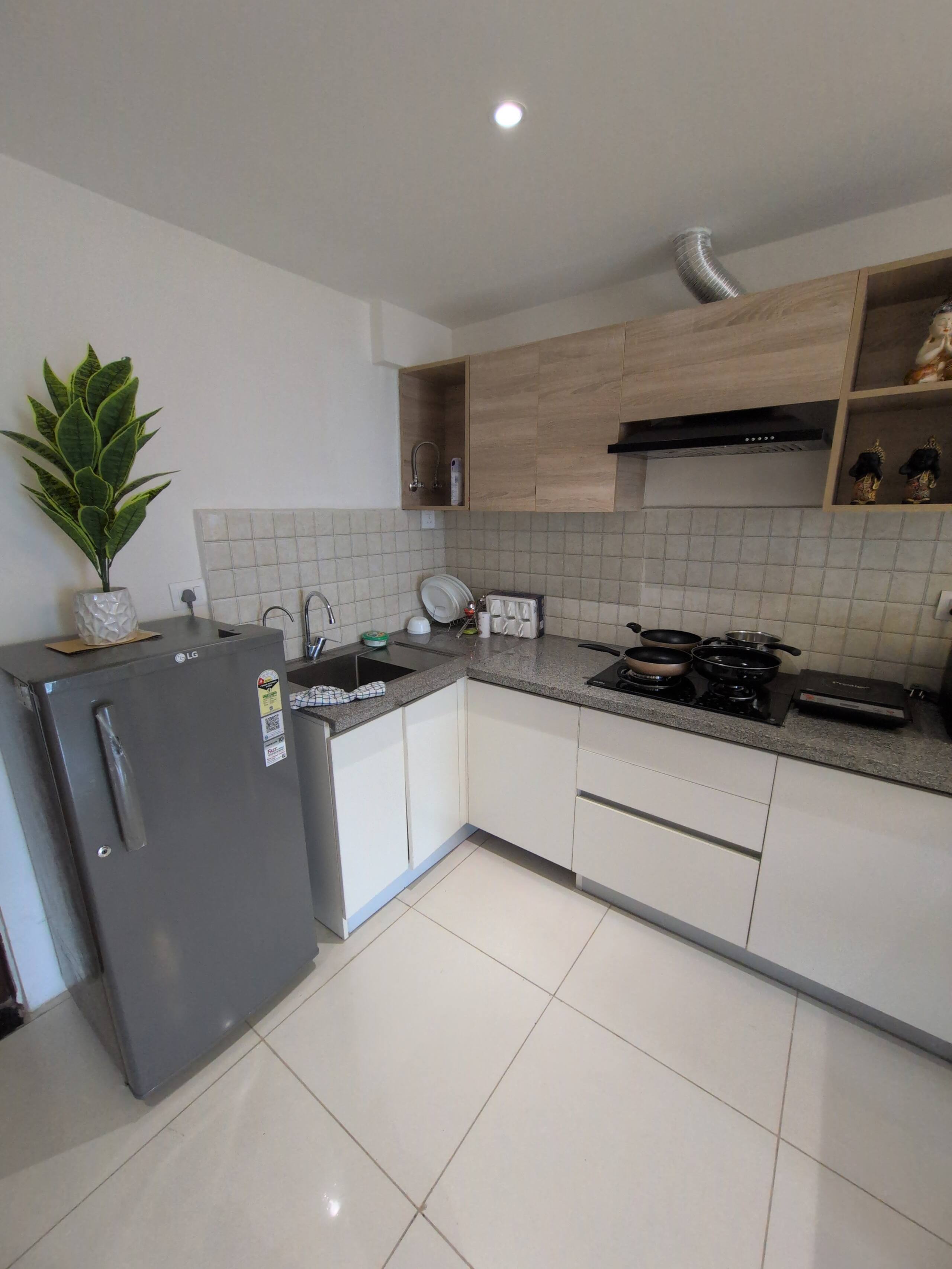 Kitchen with refrigerator and a potted plant