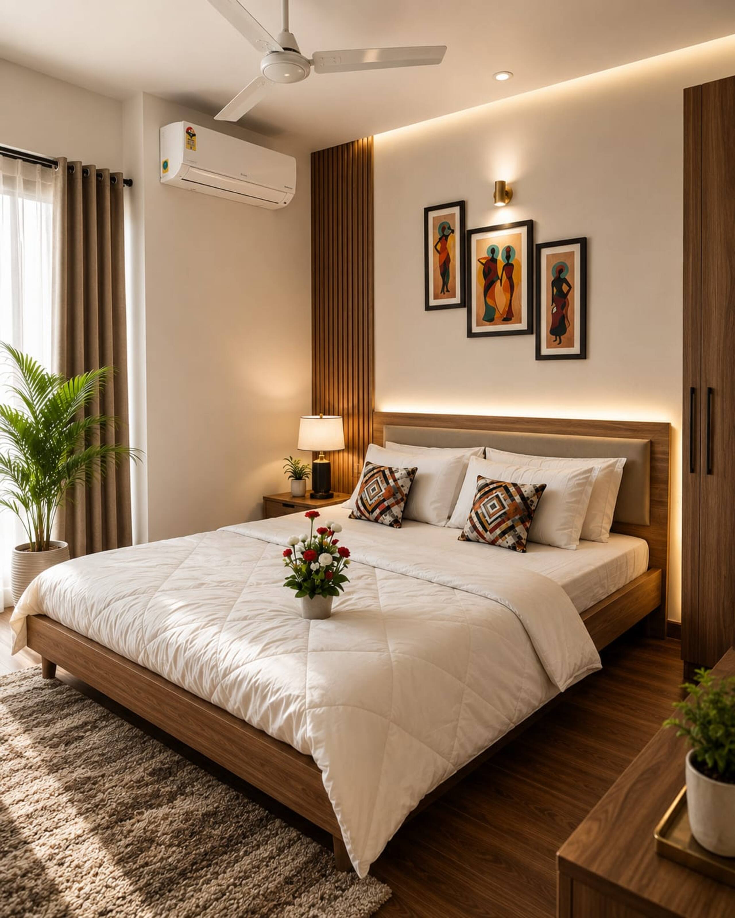 Bed with fresh flowers, bedside lamps and a plant