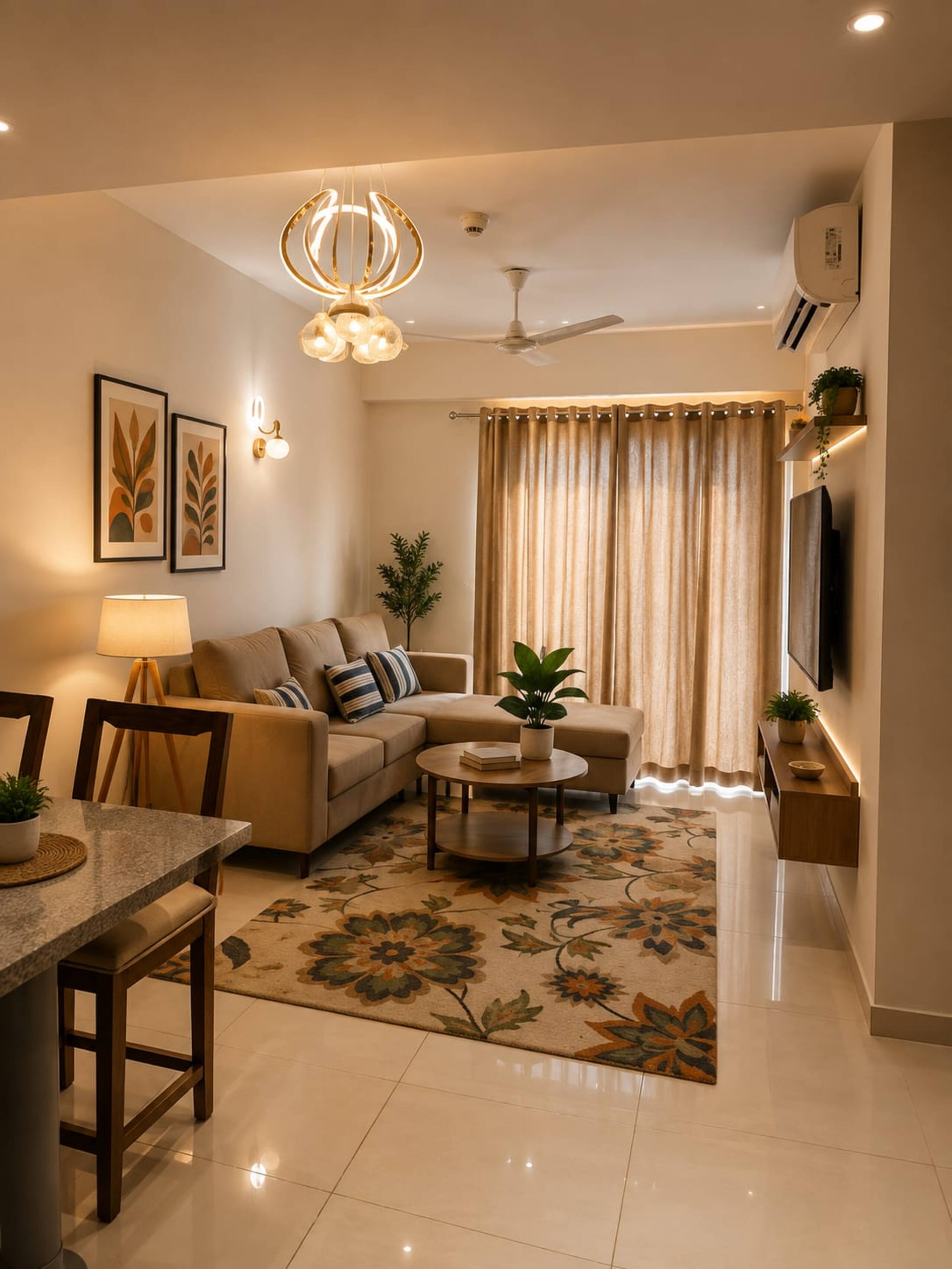 Living room with a beige L-shaped sofa, patterned rug, crystal pendant light and full-length curtains