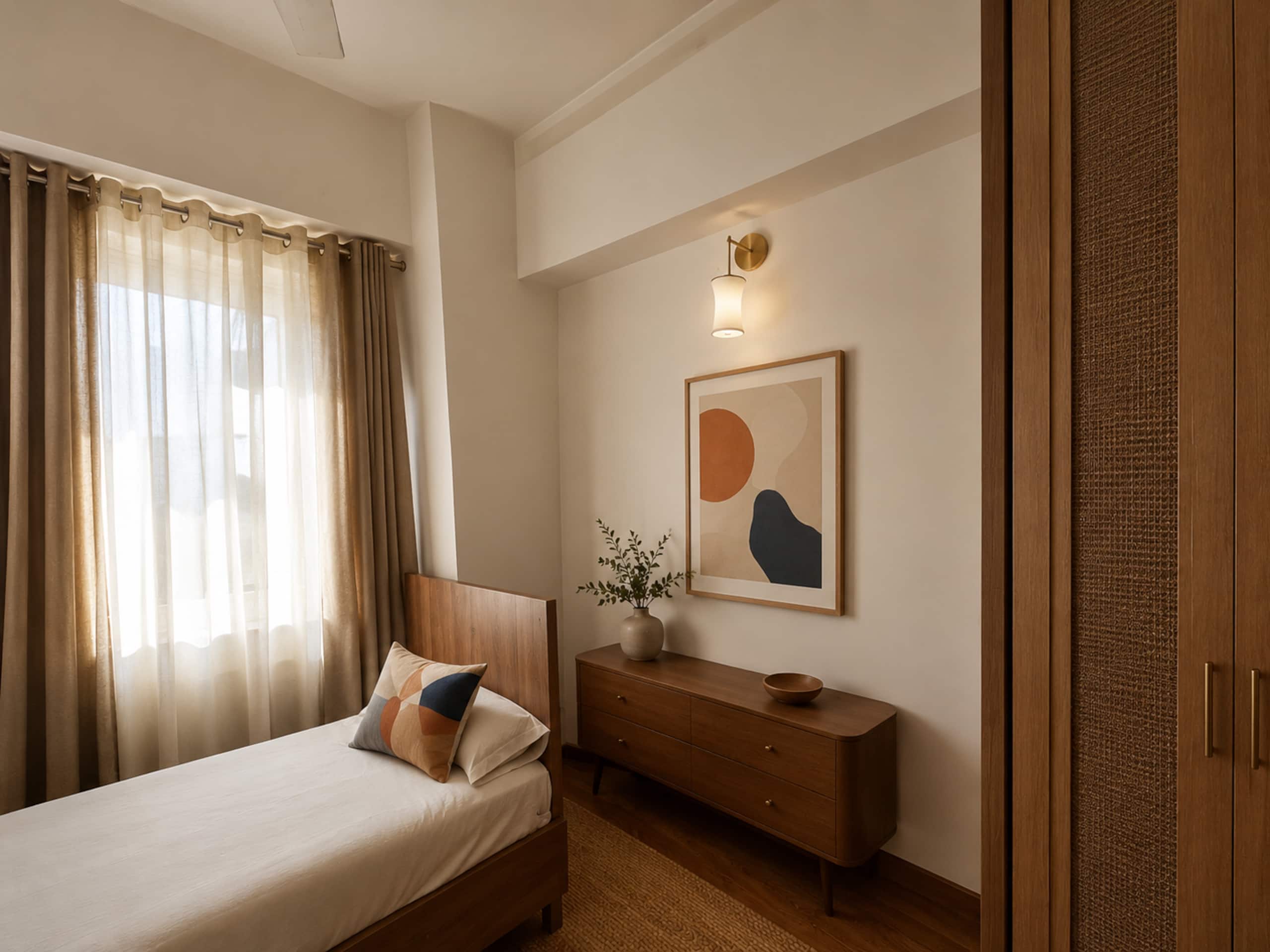 Second bedroom with single bed by the window and a side table