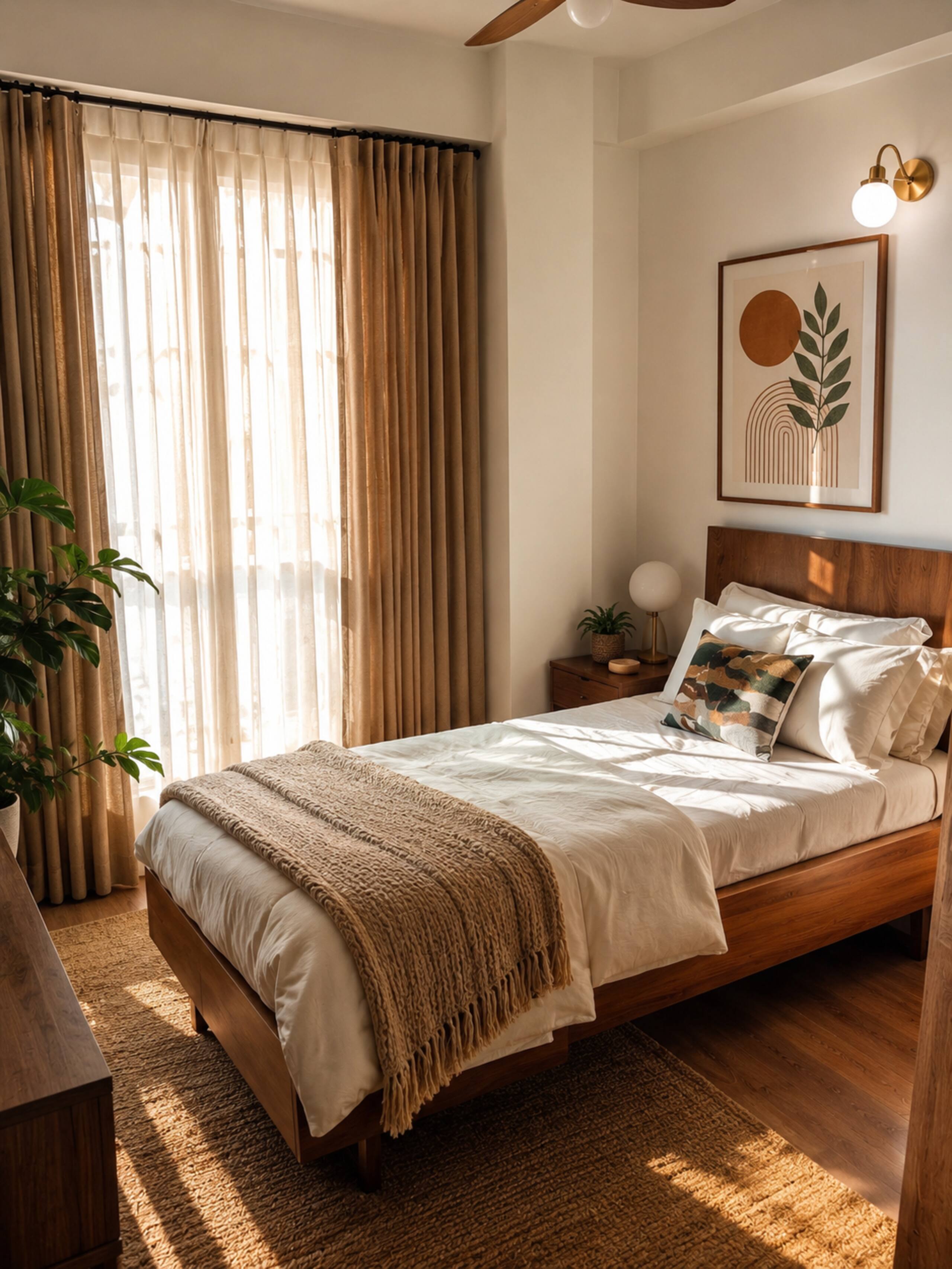 Single bed with knitted throw and leaf artwork