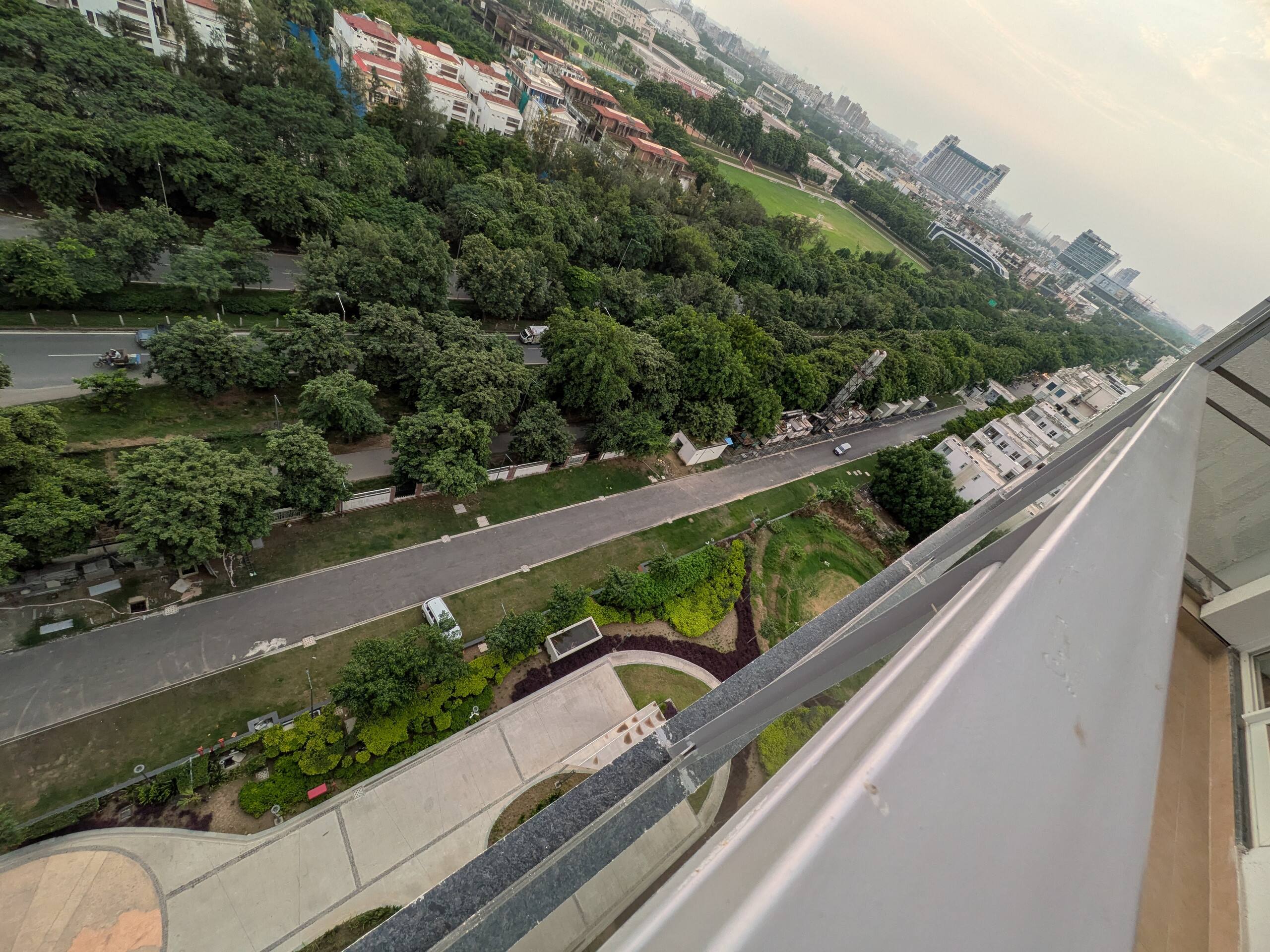 Road and treetops seen from the balcony
