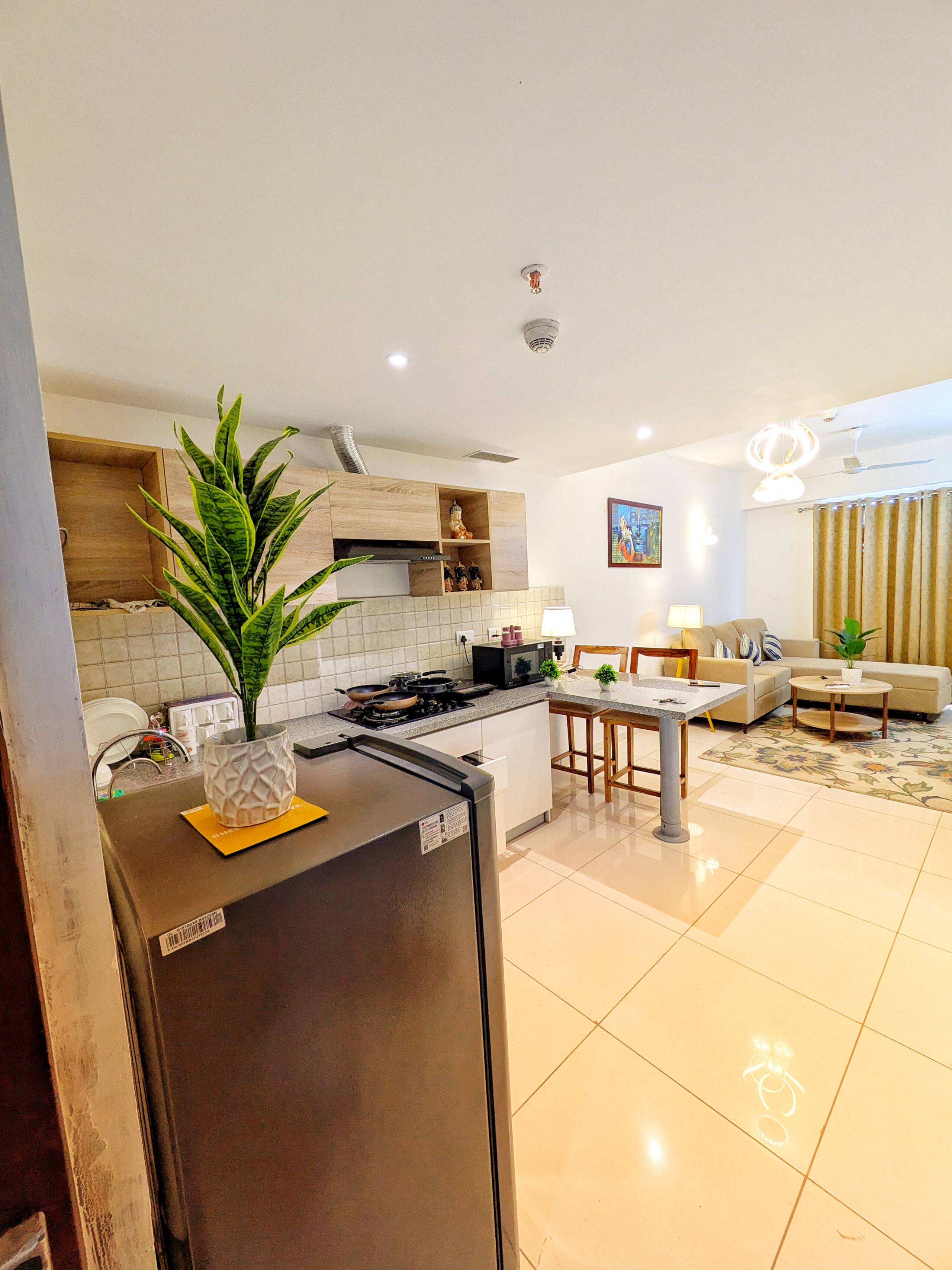 View across the kitchen to the living room