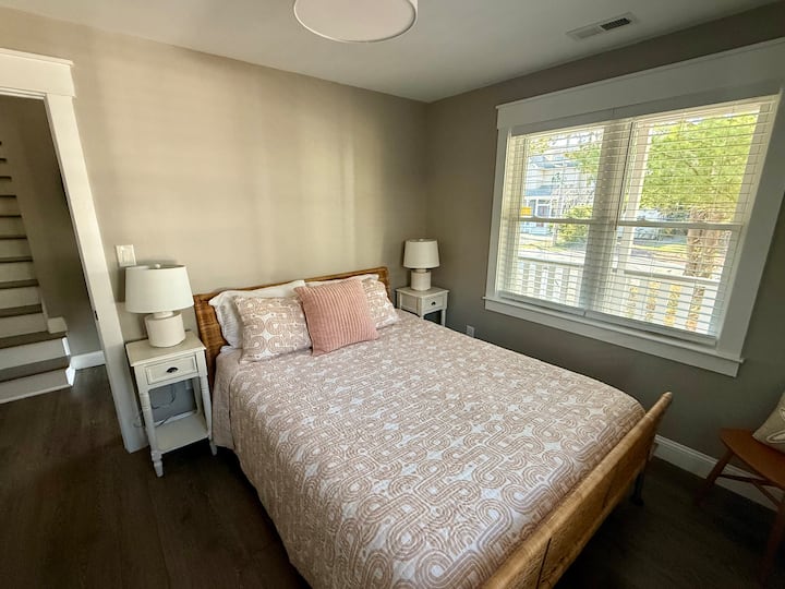 Bedroom 1: Queen Bed, closet and dresser.