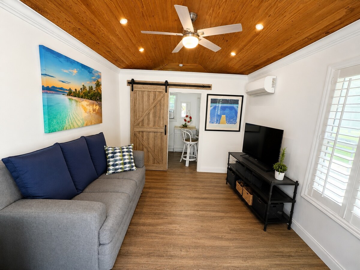 Living Room with sleeper sofa, this is a self contained Pool House located just off of the Patio and Pool Area, behind the barn door is the ensuite bathroom.