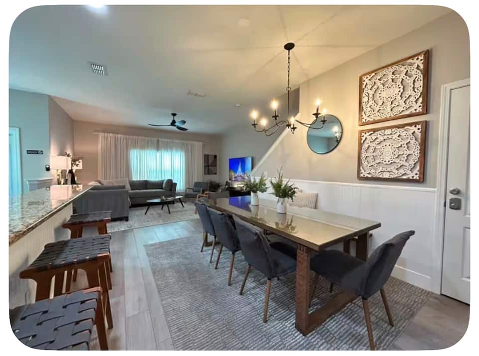 Sala, cozinha e jantar em conceito aberto
